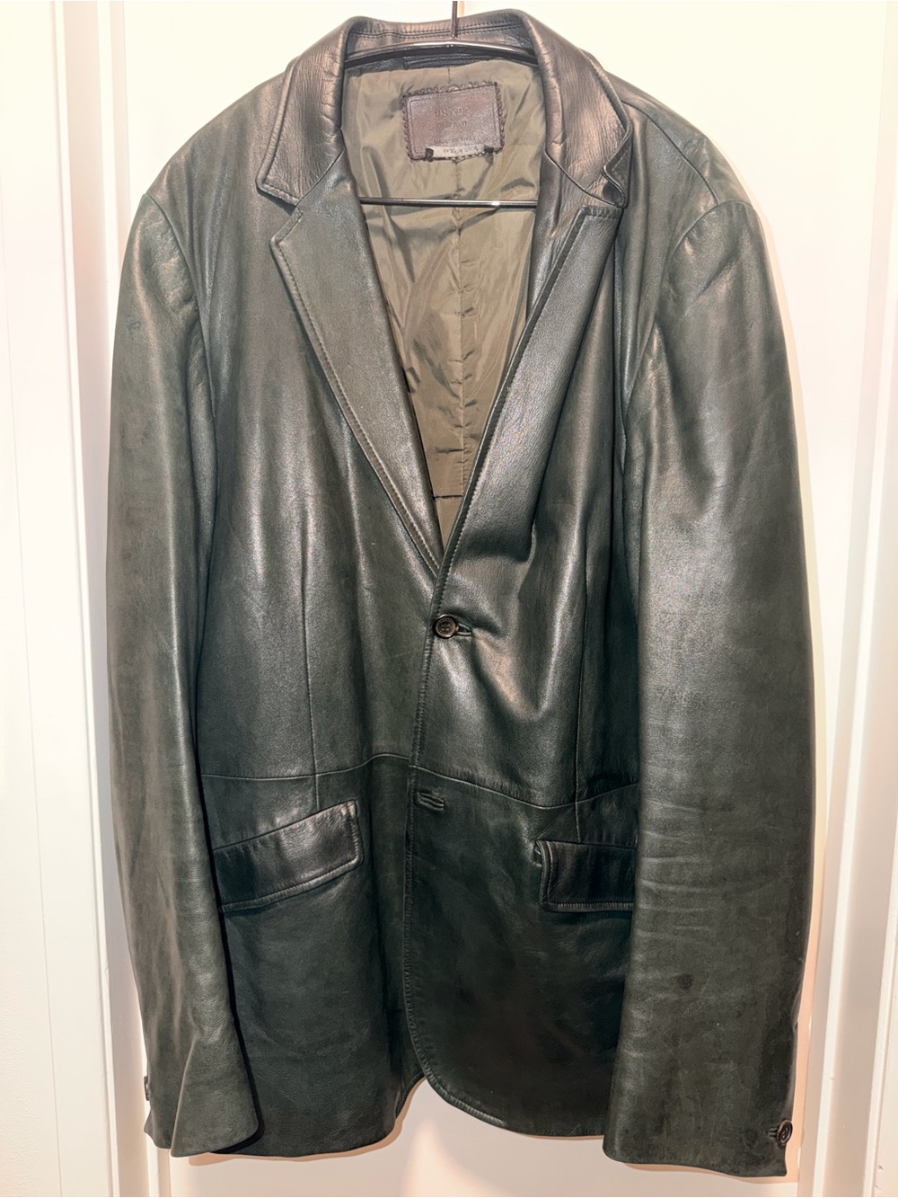 Prada Men's Vintage Dark Green Leather Single-Button Blazer Jacket